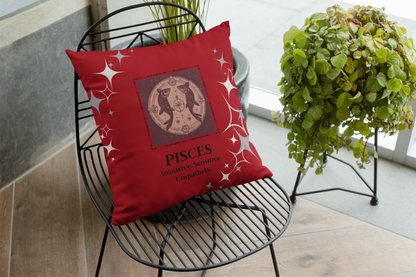 Zodiac throw pillow on patio chair in Deep Red.