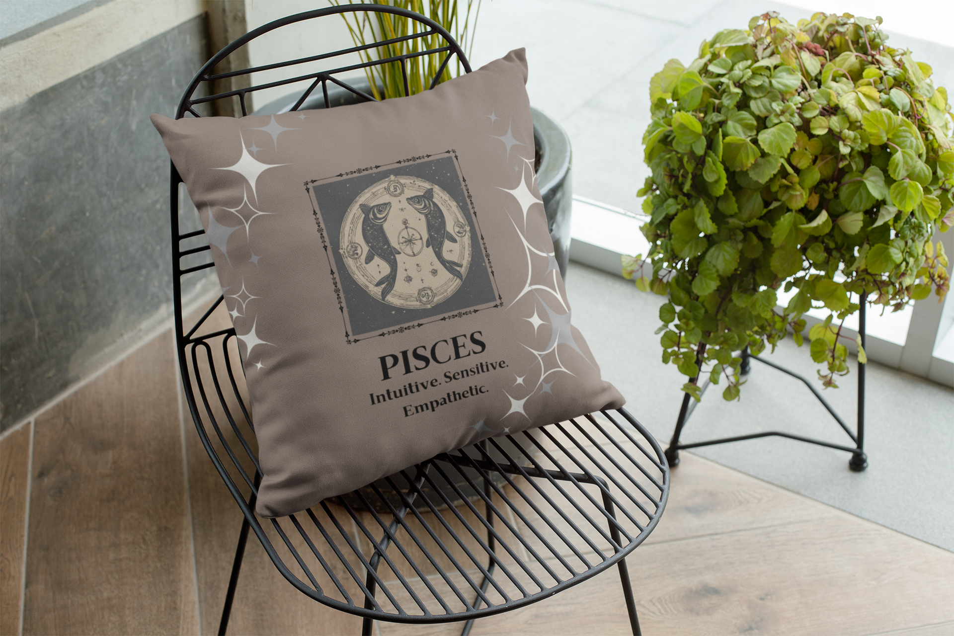 Zodiac throw pillow in In Coffee Brown.