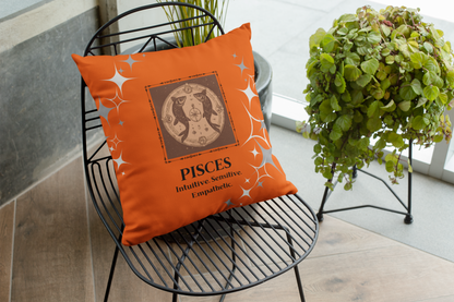 Zodiac throw pillow on patio chair in Orange Blossom.