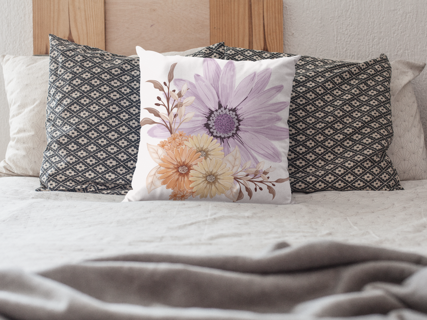 Bellissimi Fiori Throw Pillow on bed as center accent.