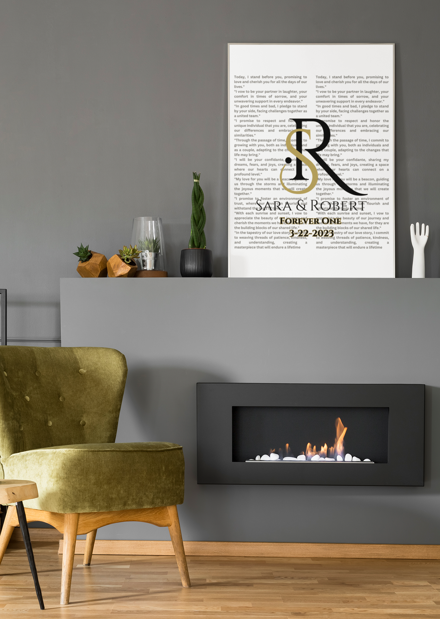 Monogram framed Gallery Canvas of Vows Sty & sitting above fireplace in living room.