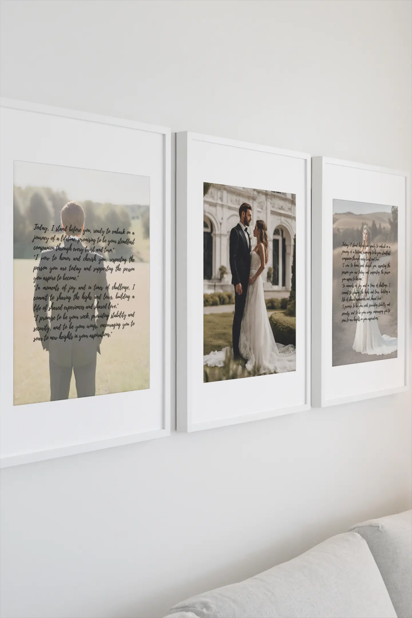 Side view of three framed personalized wedding vow posters in white frames on wall.