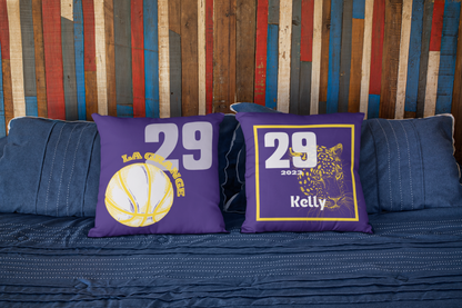 Set of Purple Basketball Throw Pillow on bed,