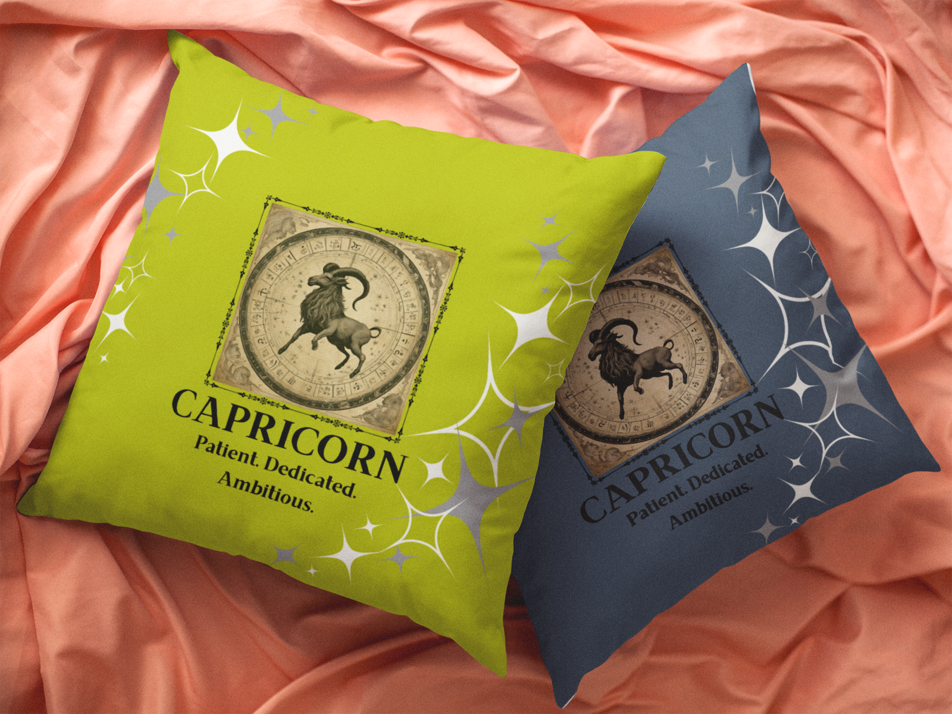 Capricorn pillows in Lime and Blue Smoke on peach sheets.