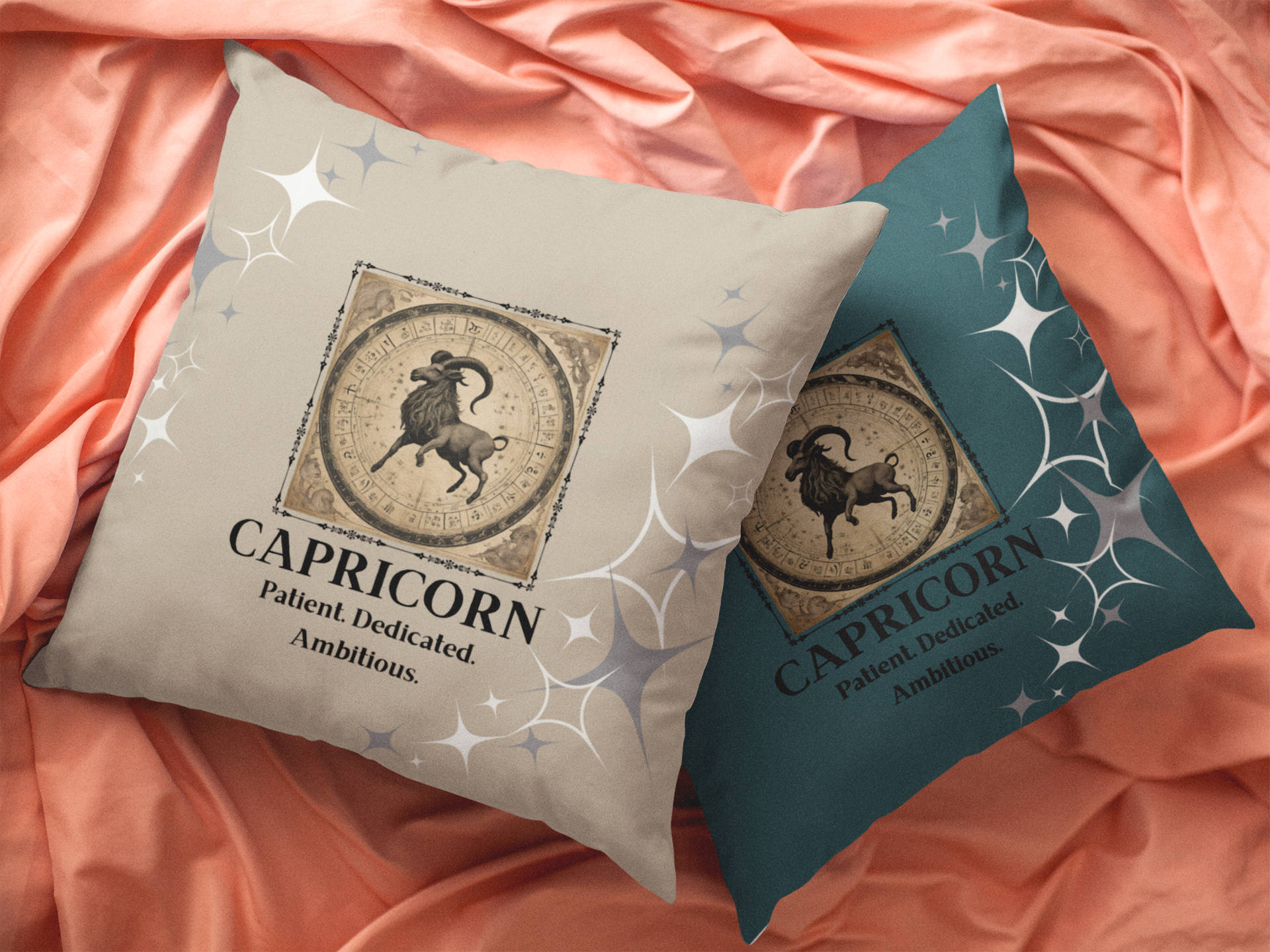 Capricorn throw pillows in Cream and Teal on peach sheets.