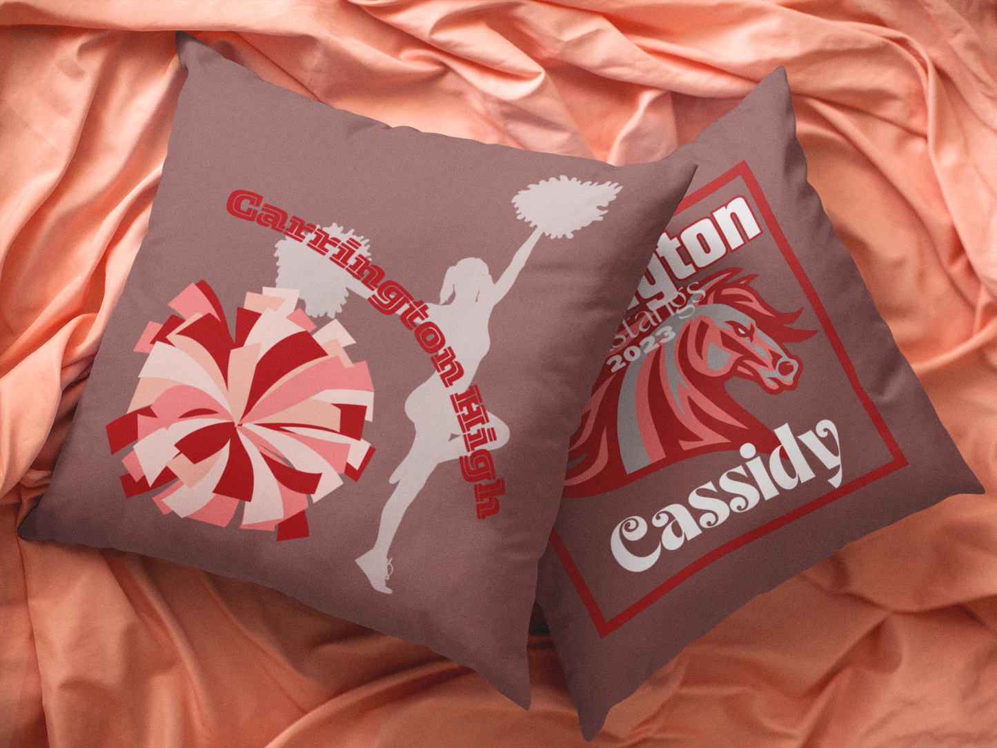 Cheerleader Throw Pillow on bed.