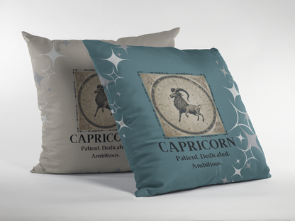 Capricorn pillows in Teal and Cream standing on side.