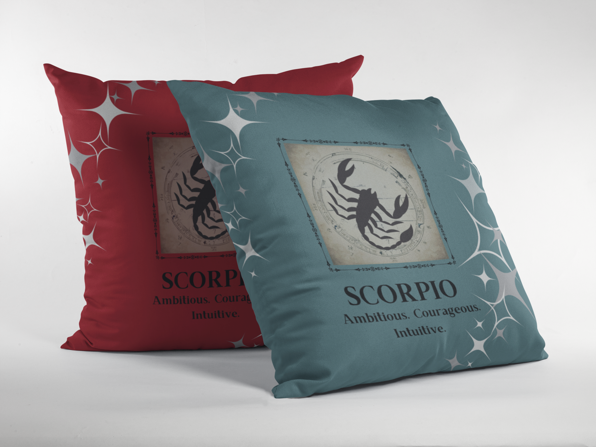 Scorpio Zodiac Throw pillow standing up in Teal and Deep Red.