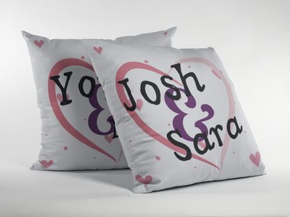 “You & Me” Floating Hearts pillow showing personalization with the names “Josh & Sara”.