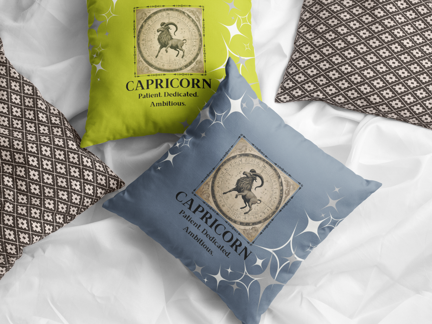 Capricorn pillows in Lime and Blue smoke on bed.