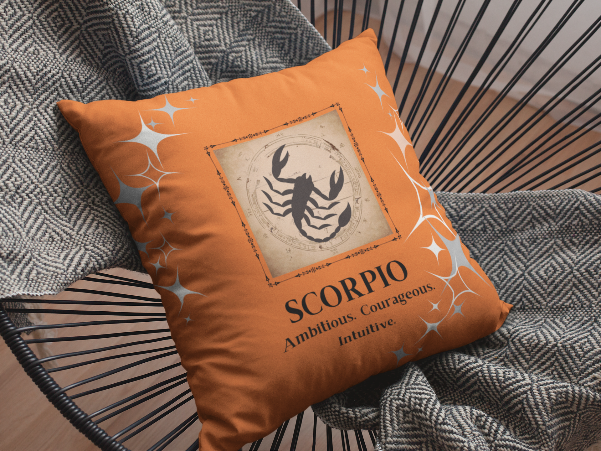 Scorpio Zodiac Throw pillow on chair in Orange Blossom.