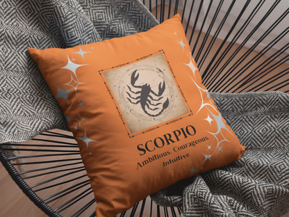 Scorpio Zodiac Throw pillow on chair in Orange Blossom.