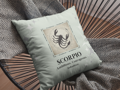 Scorpio Zodiac Throw pillow on chair in Mint.