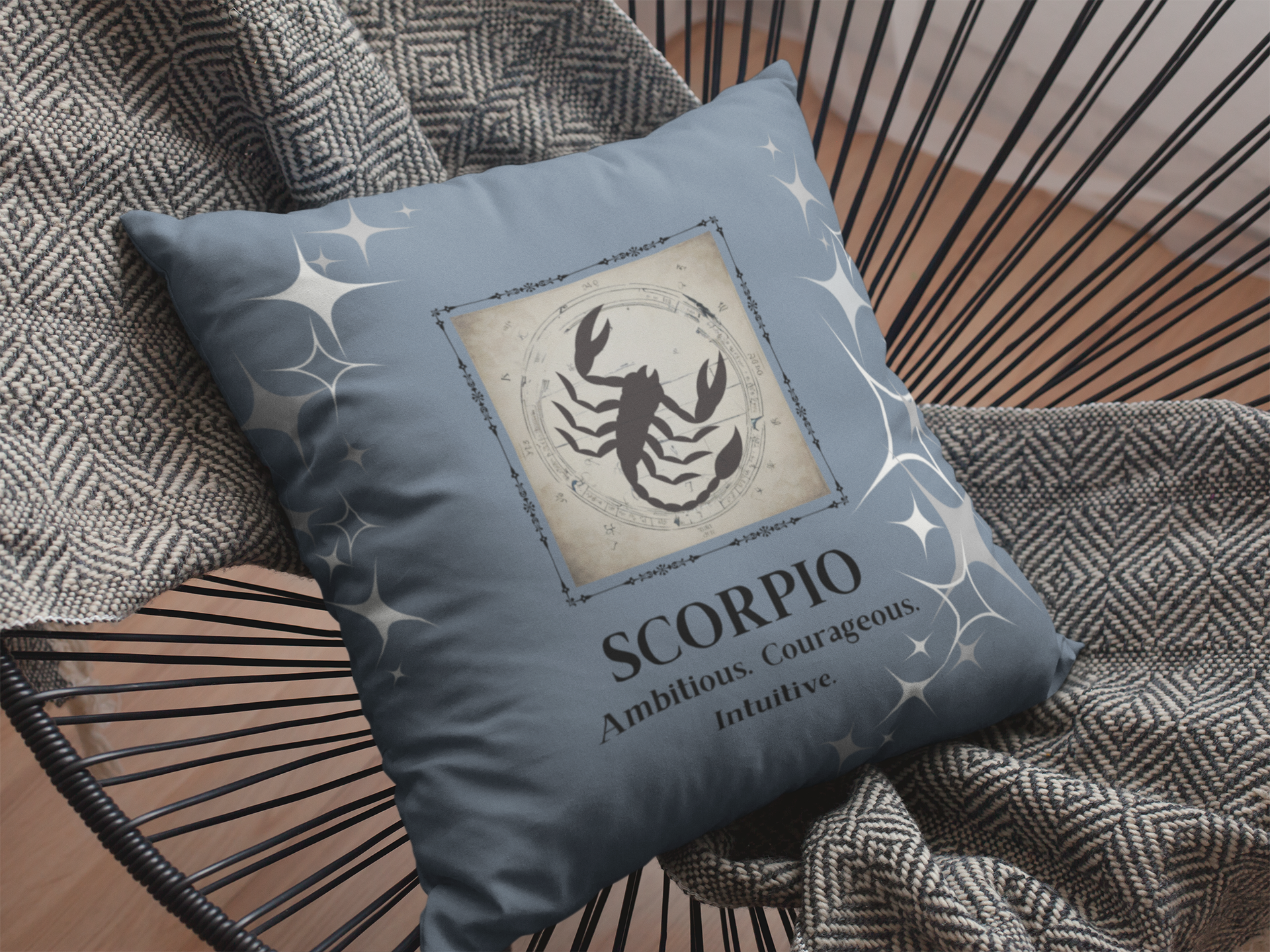 Scorpio Zodiac Throw pillow on chair in Blue Smoke.