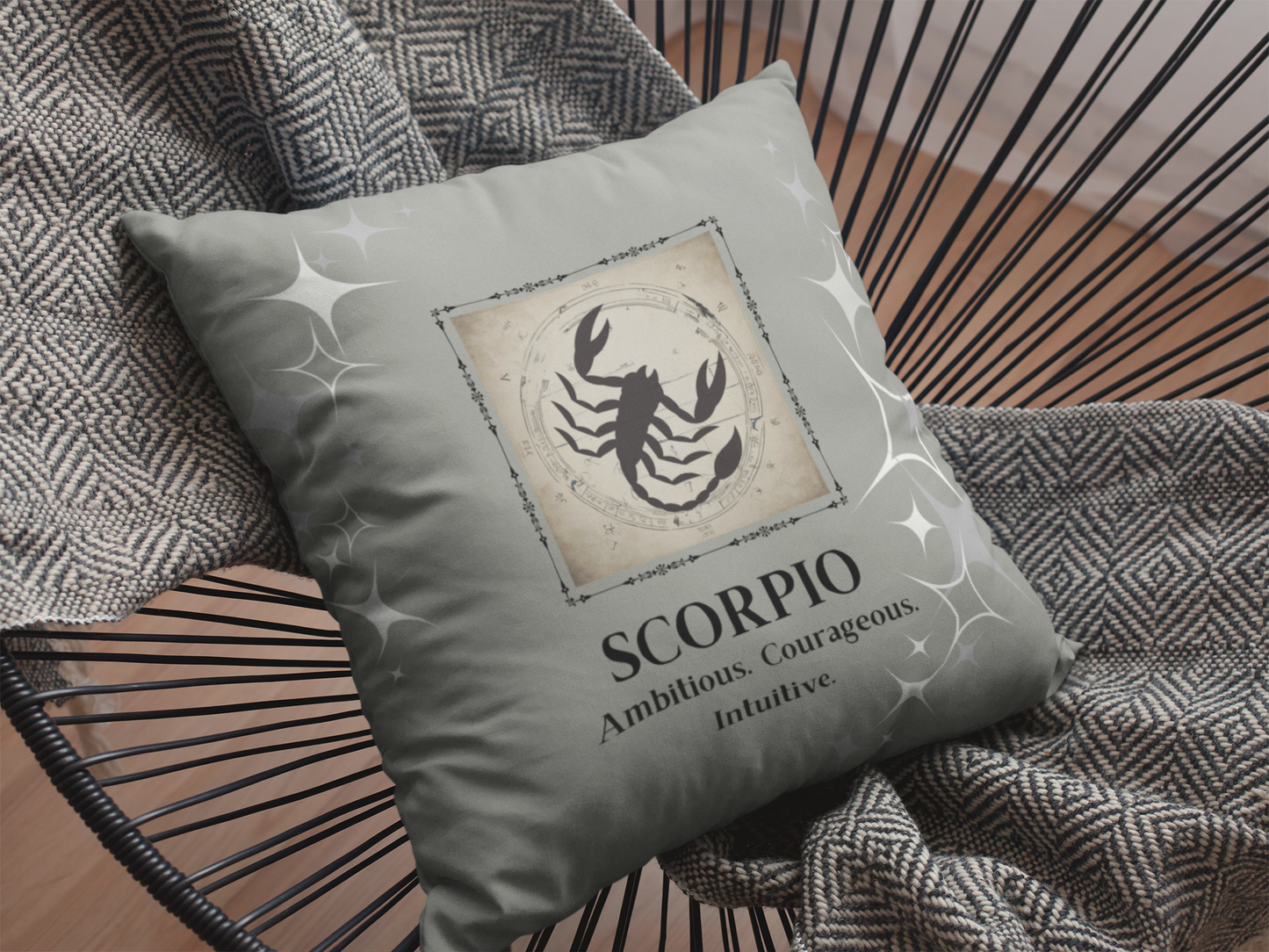 Scorpio Zodiac Throw pillow on chair in Smoke.