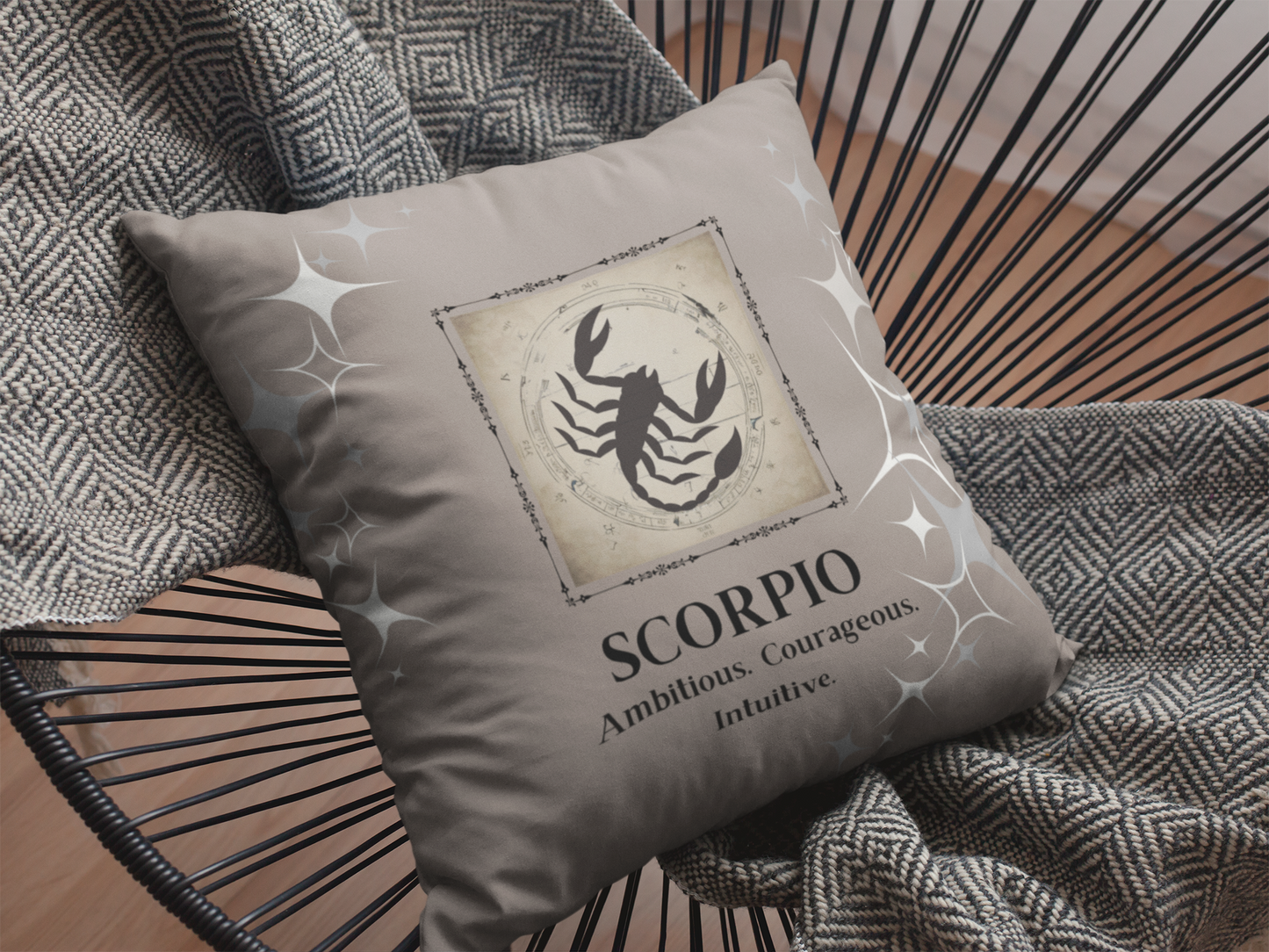 Scorpio Zodiac Throw pillow on chair in Coffee Brown.