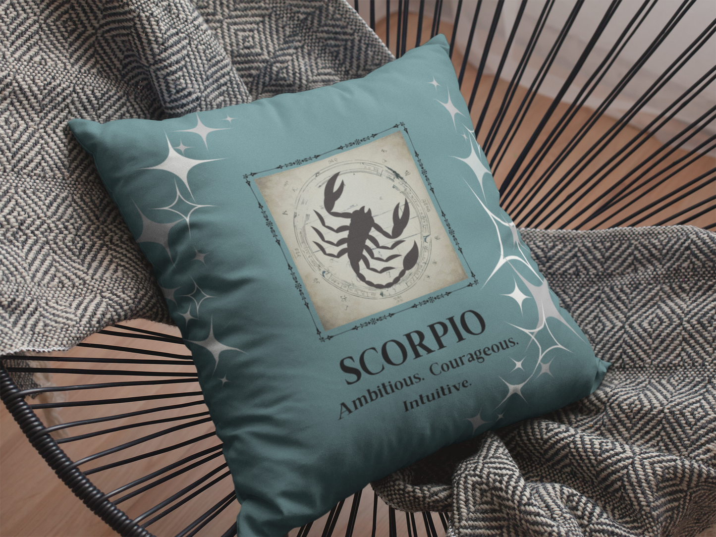 Scorpio Zodiac Throw pillow on chair in Teal.