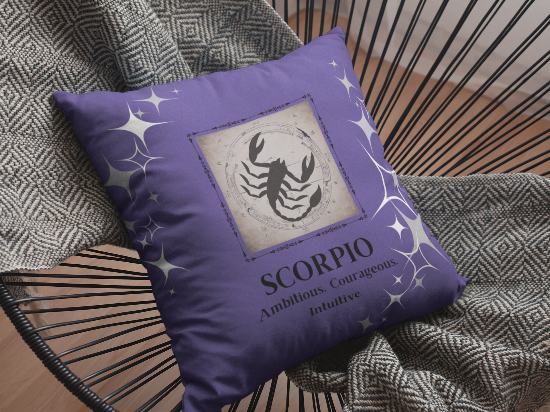 Scorpio Zodiac Throw pillow on chair in Purple Passion.