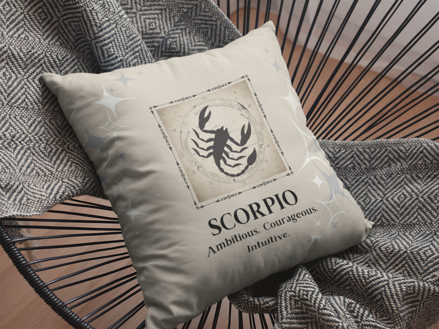 Scorpio Zodiac Throw pillow on chair in Cream.