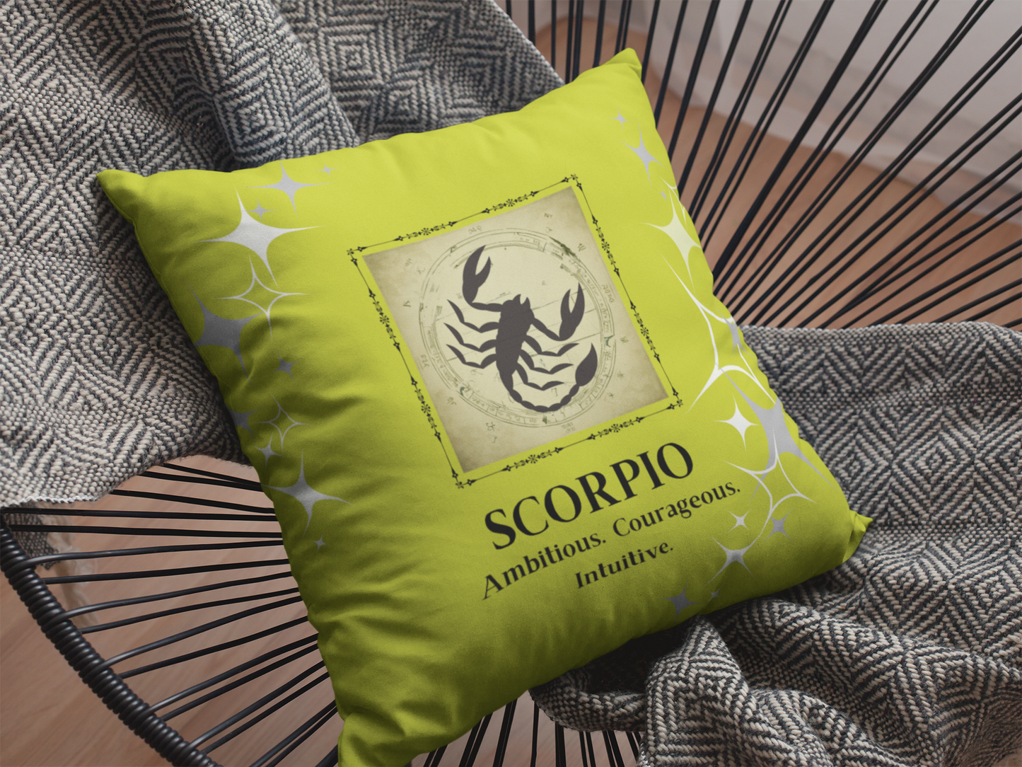 Scorpio Zodiac Throw pillow on chair in Lime.