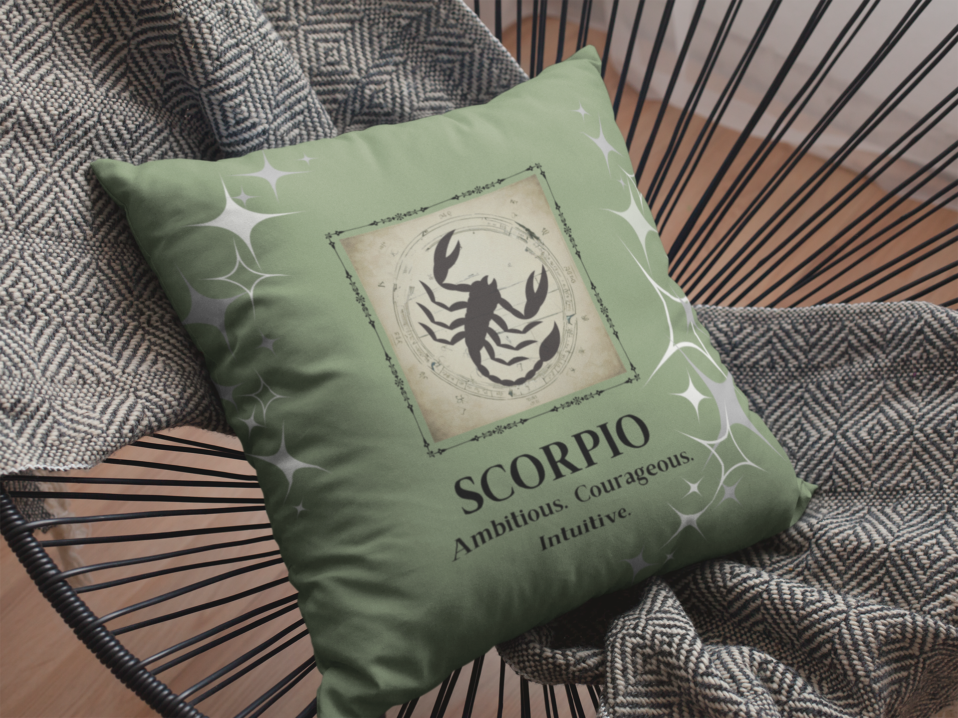 Scorpio Zodiac Throw pillow on chair In Olive.