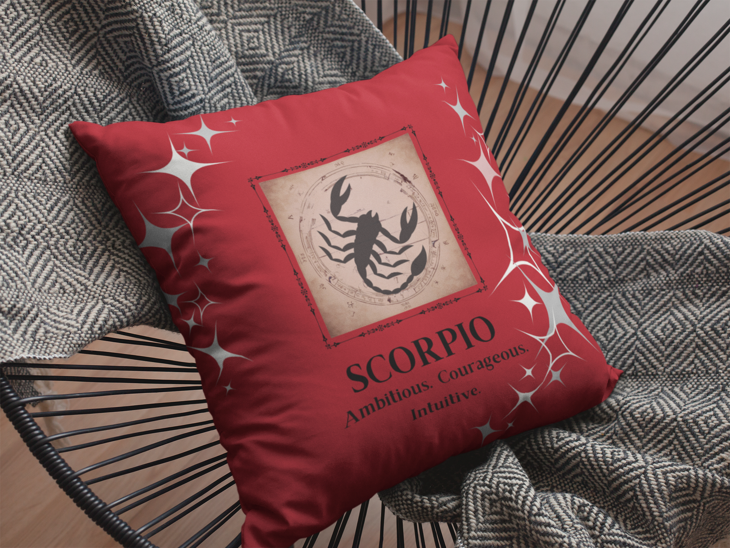 Scorpio Zodiac Throw pillow on chair in Deep Red.