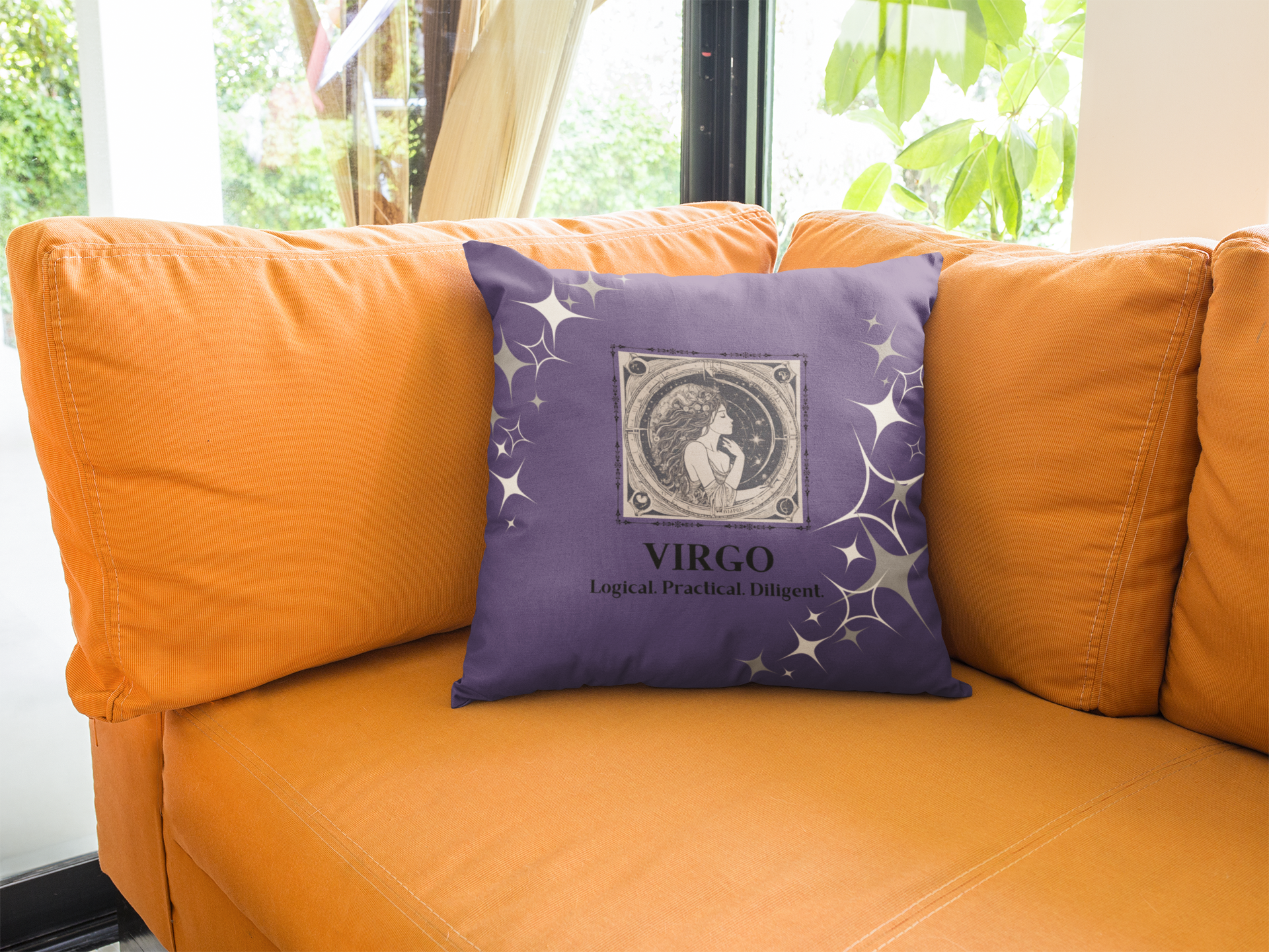 Purple Passion Virgo throw pillow on orange couch.