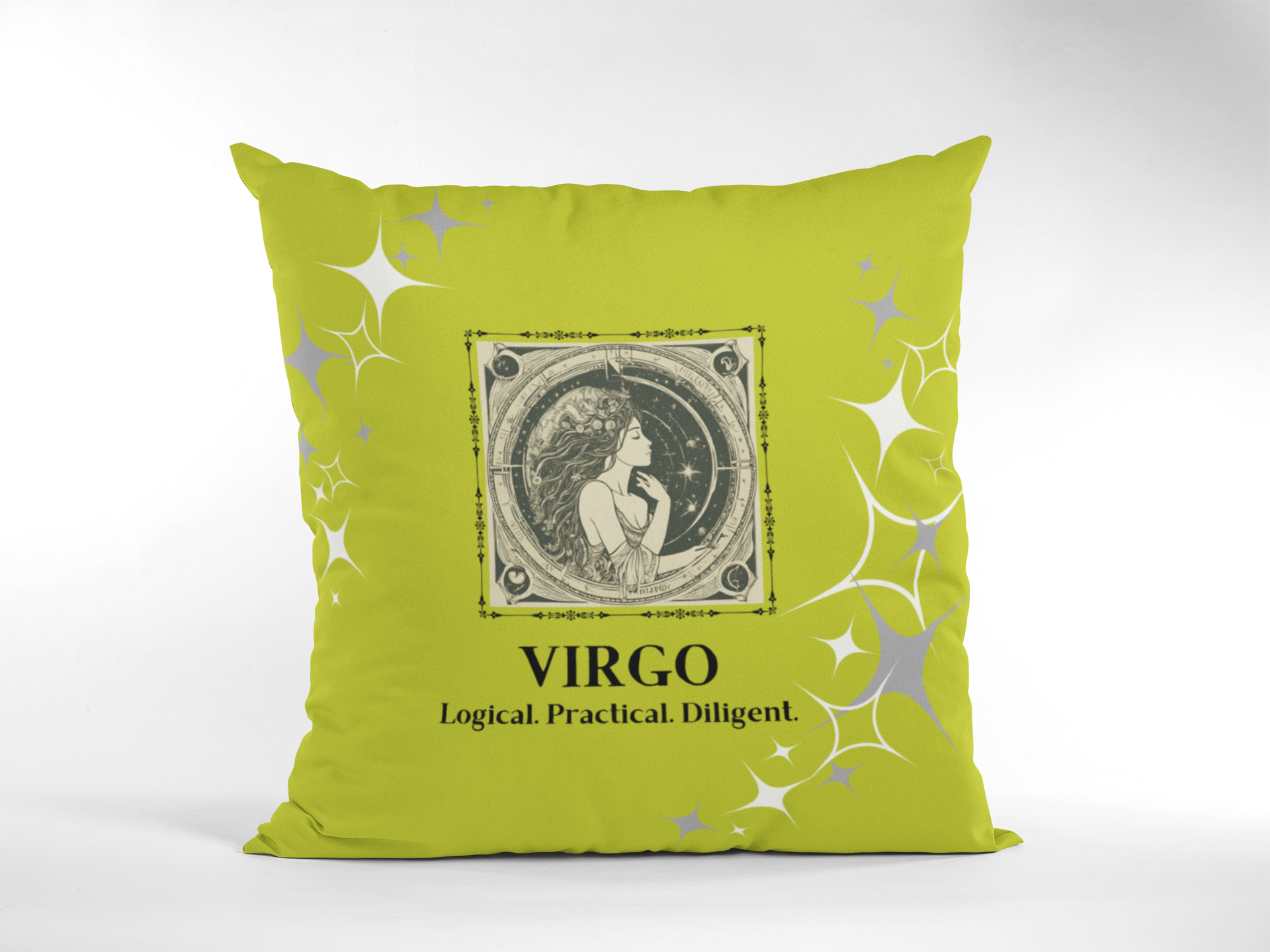 Virgo Zodiac Throw Pillow displayed in Lime.