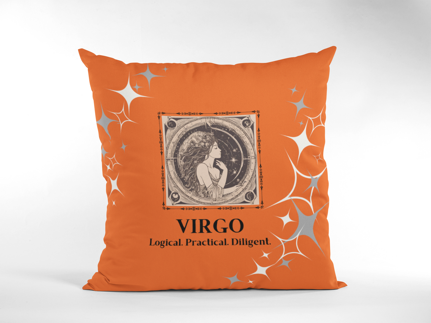 Virgo Zodiac Throw Pillow displayed in Orange Blossom.