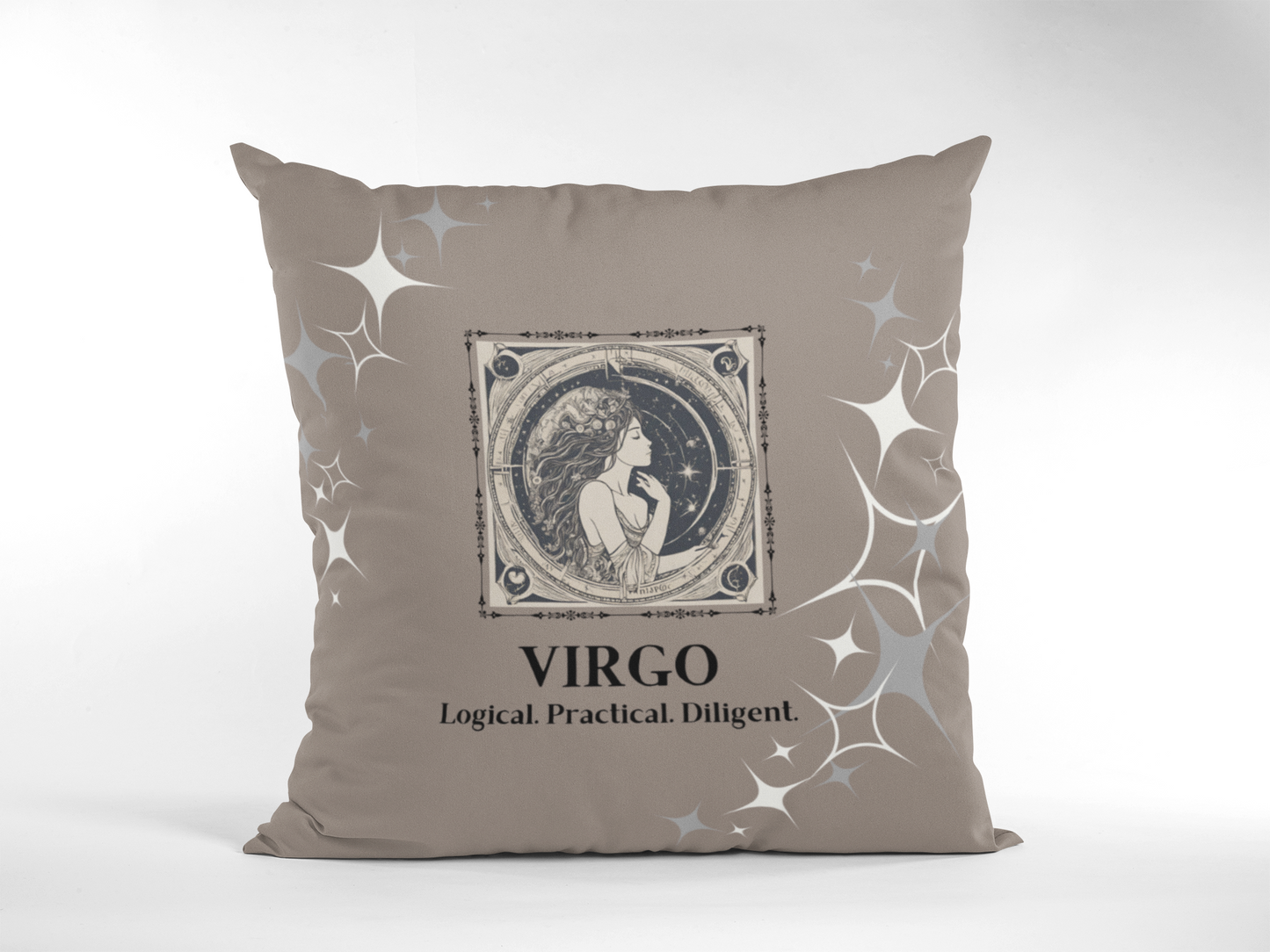 Virgo Zodiac Throw Pillow displayed in Coffee Brown.