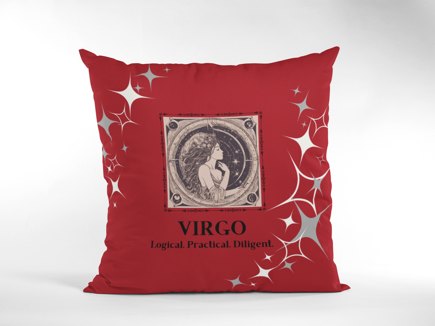 Virgo Zodiac Throw Pillow displayed in Deep Red.