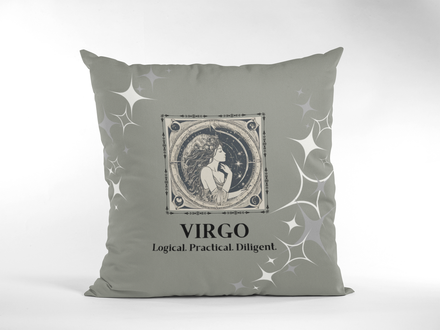 Virgo Zodiac Throw Pillow displayed in Smoke.