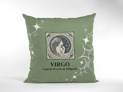 Virgo Zodiac Throw Pillow displayed in Olive.