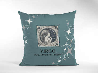 Virgo Zodiac Throw Pillow displayed in Teal.