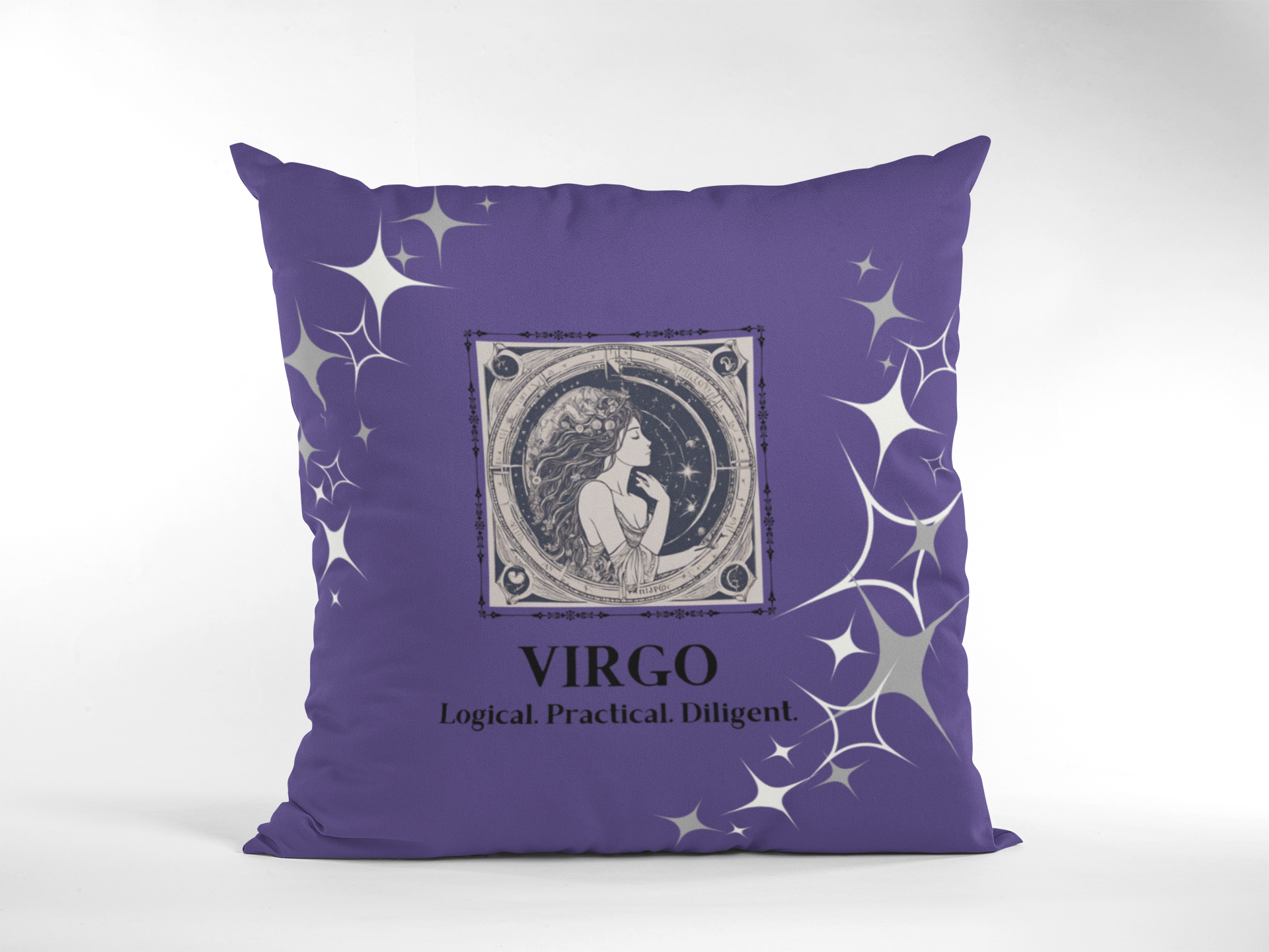 Virgo Zodiac Throw Pillow displayed in Purple Passion.