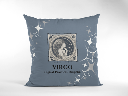 Virgo Zodiac Throw Pillow displayed in Blue Smoke.